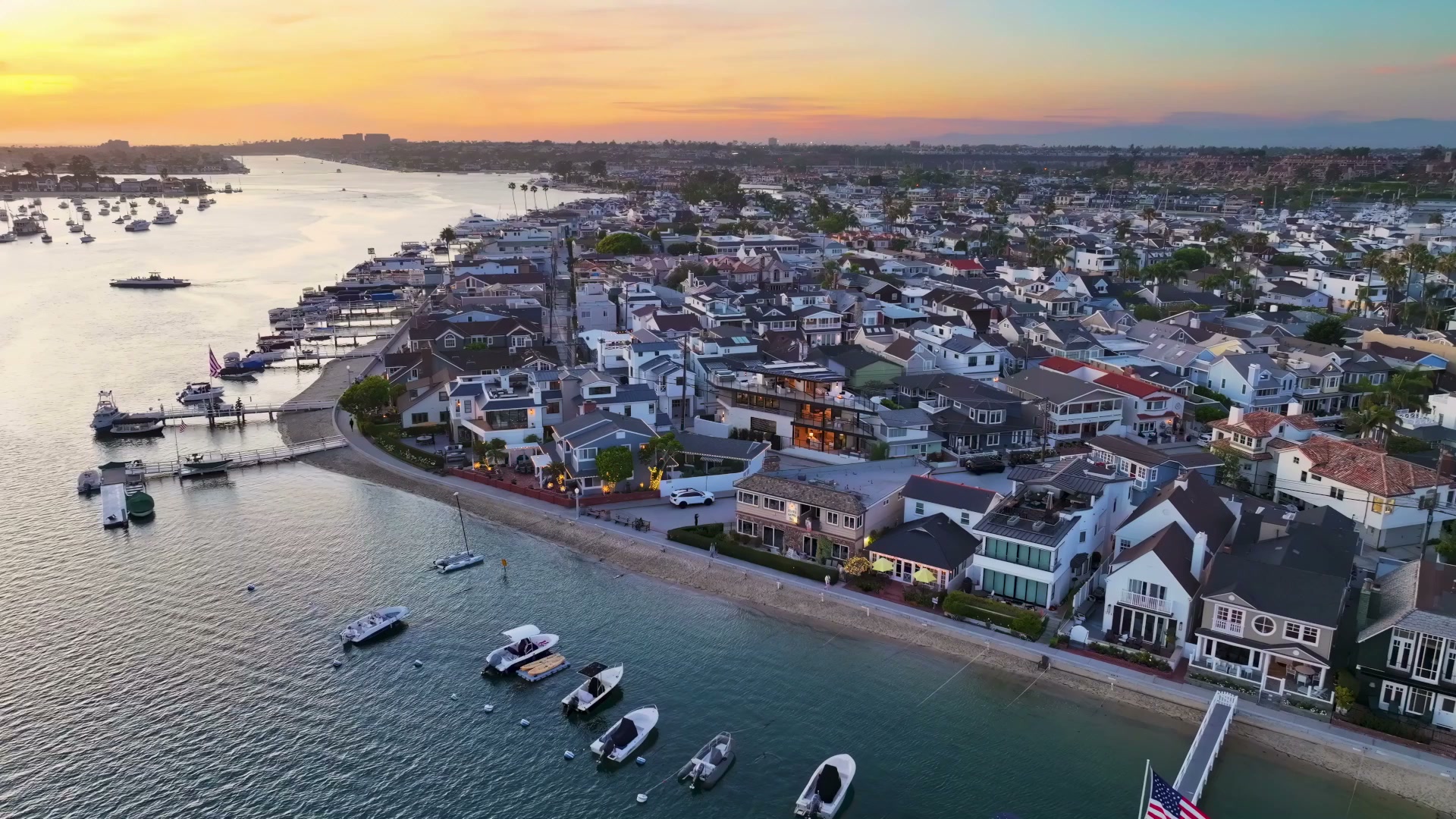 Balboa Island and Newport Harbor at sunset